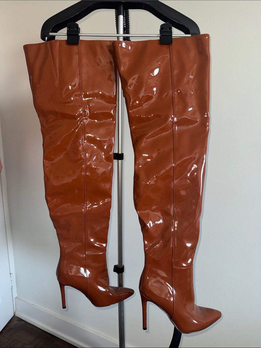 PrettyLittleThing Patent Over-the-Knee Stiletto Boots in Cognac
